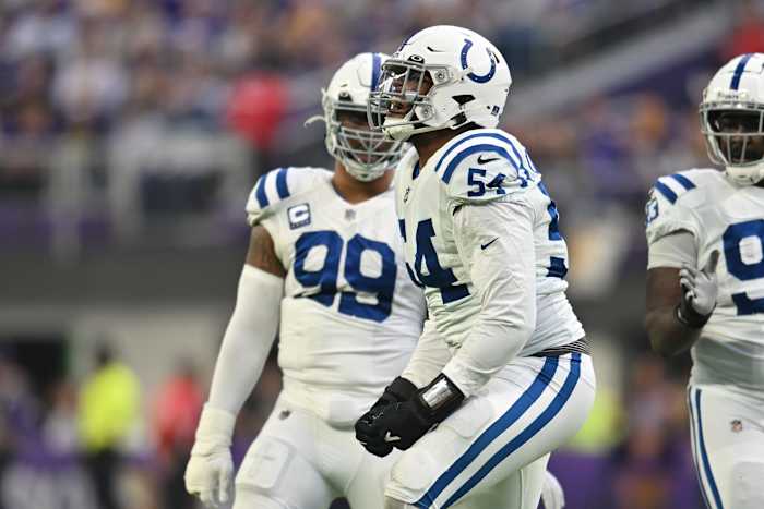 Dec 17, 2022; Minneapolis, Minnesota, USA; Indianapolis Colts defensive end Dayo Odeyingbo (54) reacts after a sack against the Minnesota Vikings during the second quarter at U.S. Bank Stadium. Mandatory Credit: Jeffrey Becker-USA TODAY Sports